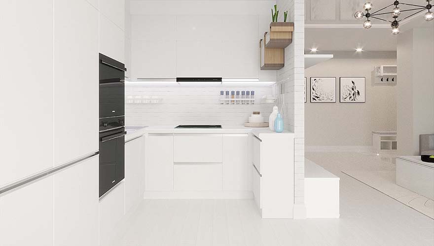 آشپزخانه مینیمال با کابینت‌های سفید